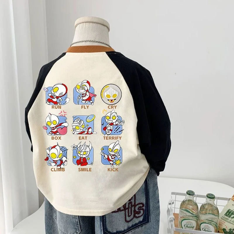 纯棉儿童长袖T恤男童奥特曼拼色宝宝春秋新款中小童卡通打底上衣t