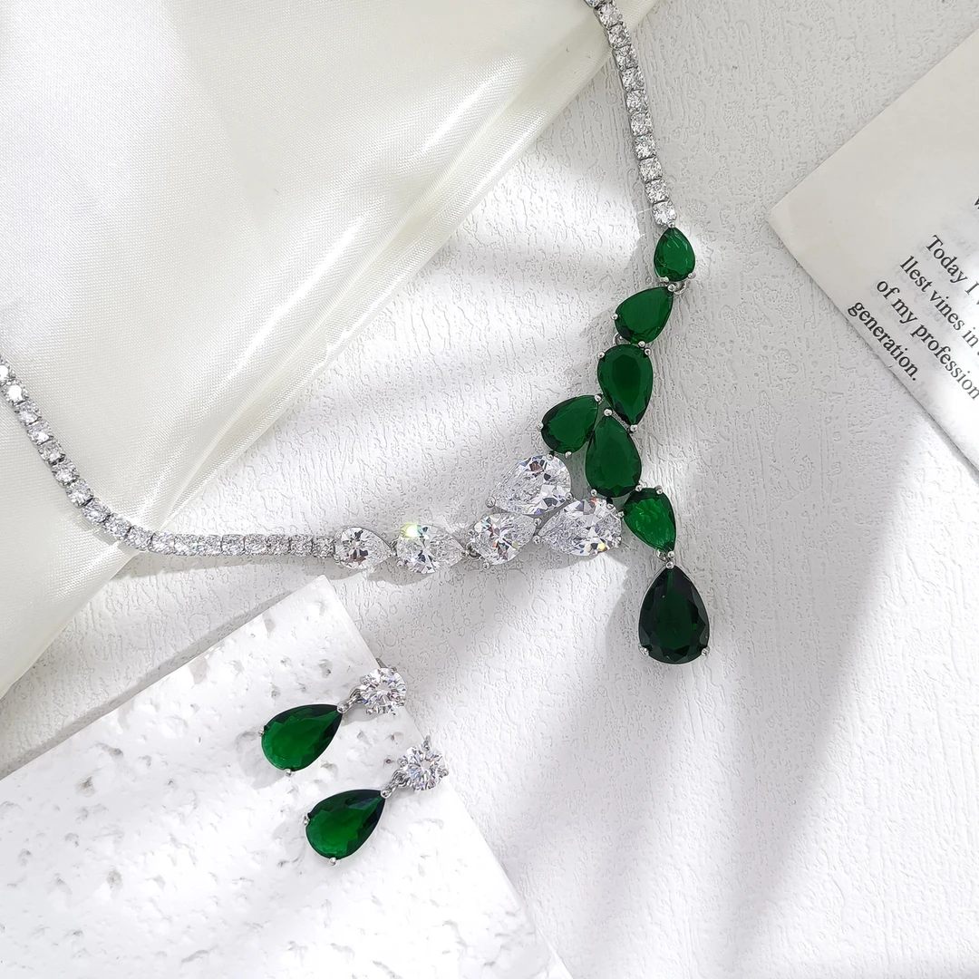 铜合金合成锆石耳饰 WYSX-000150 【绿野幻境】 耳饰+项链套装小众