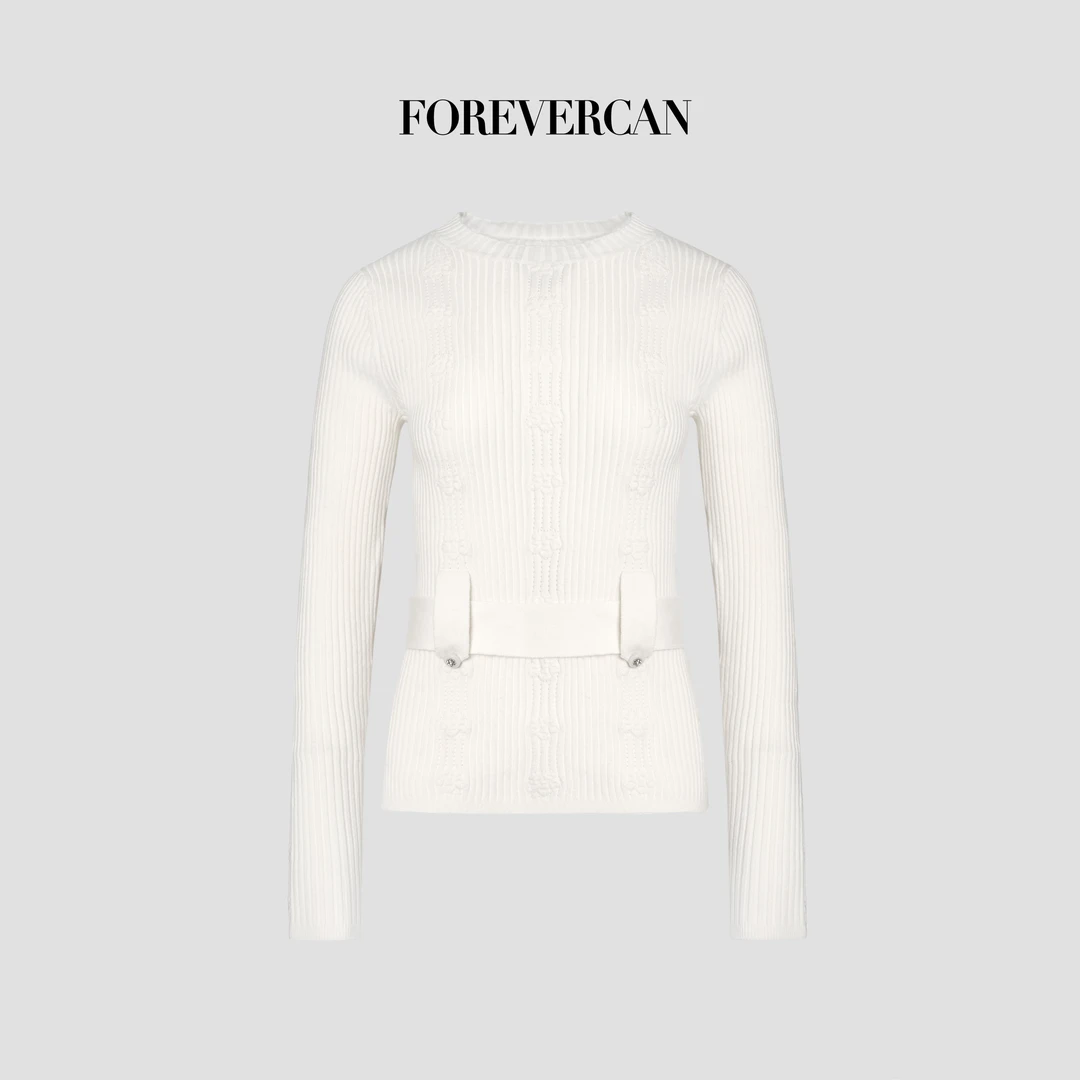 FOREVERCAN“椰林岛屿”极幼水溶羊毛提花收腰针织上衣MY4546C