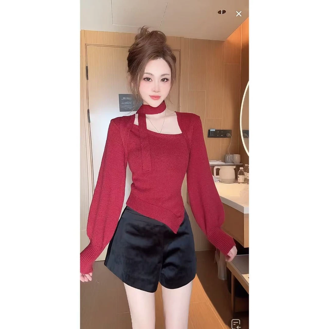 曼曼【昼梦支线~】韩系假两件飘带针织毛衣25979#