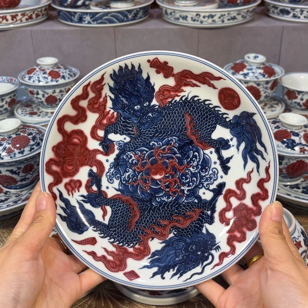 青花釉里红二代麒麟壶承