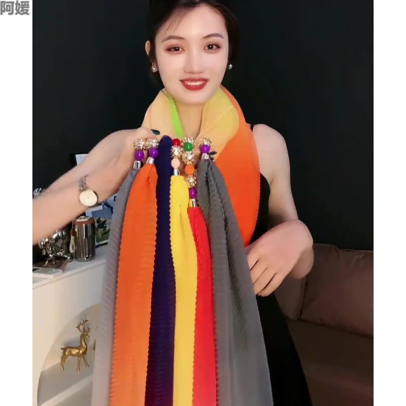 民族风珠子甜欣新款拼接气质百搭夏季多色压皱丝巾女旅游逛街防晒