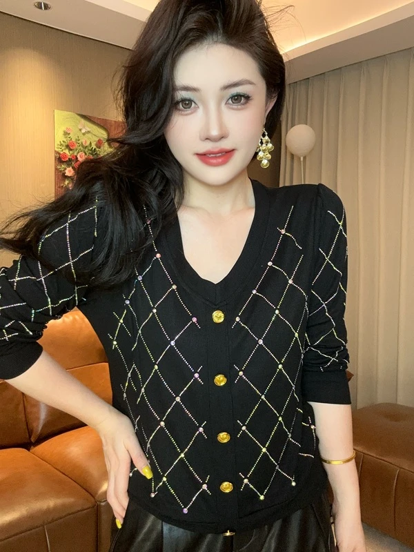 【秋季新款】V领彩钻针织衫时尚休闲百搭轻奢小香风重工烫钻长袖女