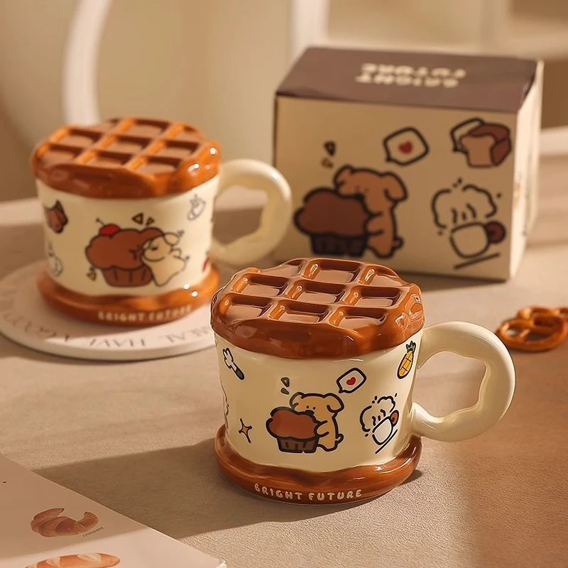 可爱华夫饼马克杯带盖大容量水杯女生精致漂亮的杯子卡通情侣对杯