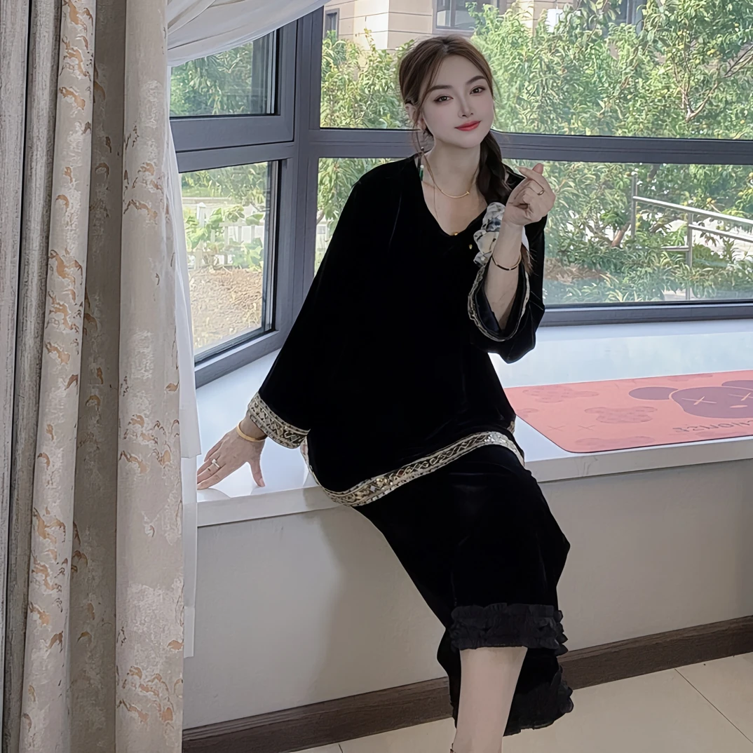新中式01开叉底边刺绣净版V领慵懒简约宽松显瘦大码国风女装