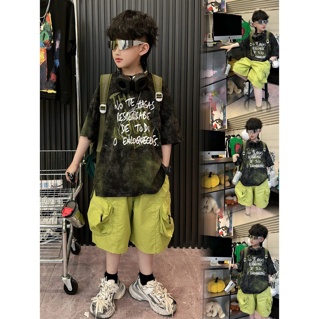 蛋蛋家【绿野仙踪】夏季新款儿童绿色破洞字母短袖工装短裤套装