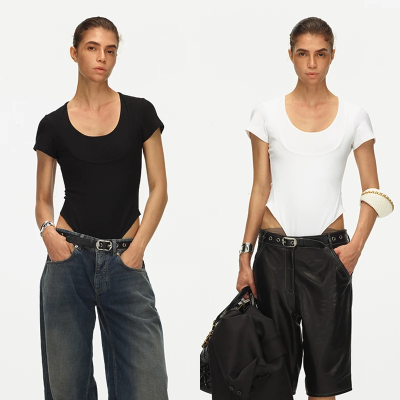 ECHOADE时髦精B入甄选柔软舒适螺纹双领口水滴U领设计修身连体T恤