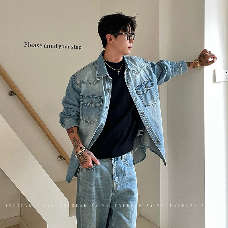 OXFREAK 「肩部裁片拼接」水洗复古蓝牛仔衬衫男长袖宽松翻领外套