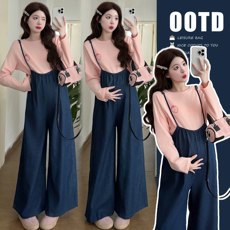 2025新款孕妇春季套装时尚减龄显瘦牛仔背带裤外穿早春长袖上衣女