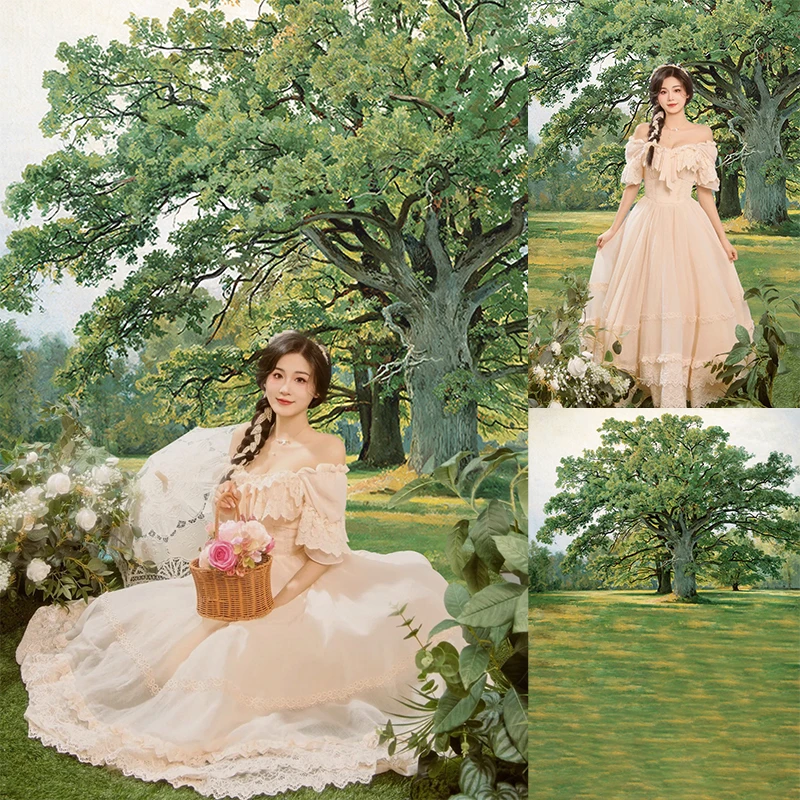 绿色森系草地森林大树婚纱写真摄影专用油画布影楼影棚拍照背景纸
