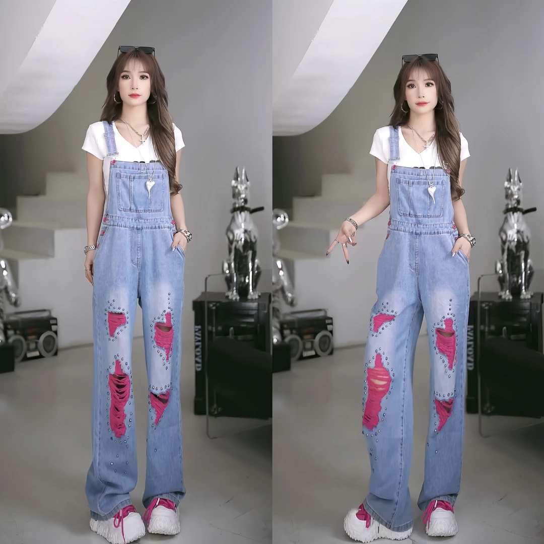 【笑姐定制】C50671 小众做旧撞色拼接铆钉设计百搭背带裤