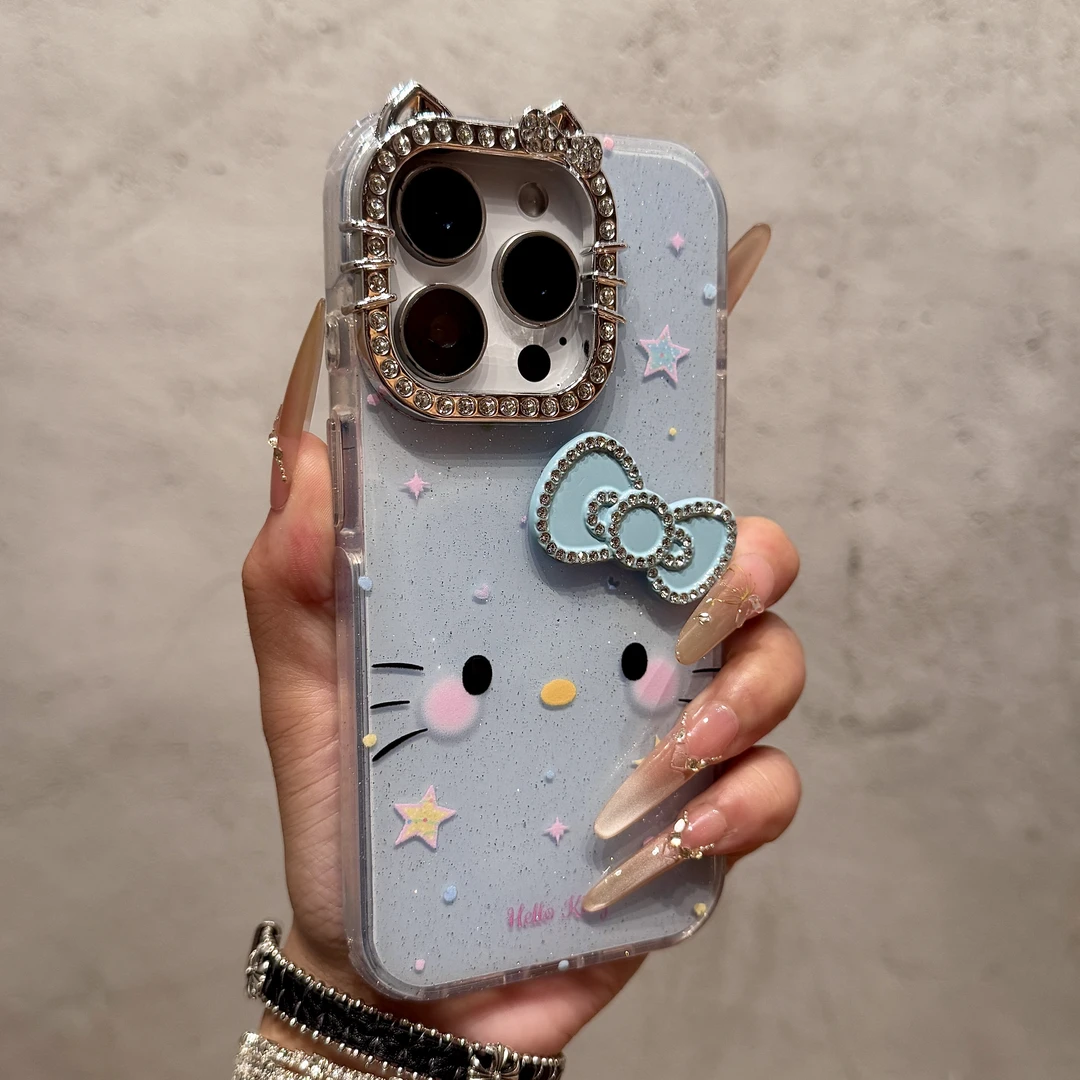 可爱猫耳闪钻镜头适用iPhone17promax手机壳15pro网红14蝴蝶结13