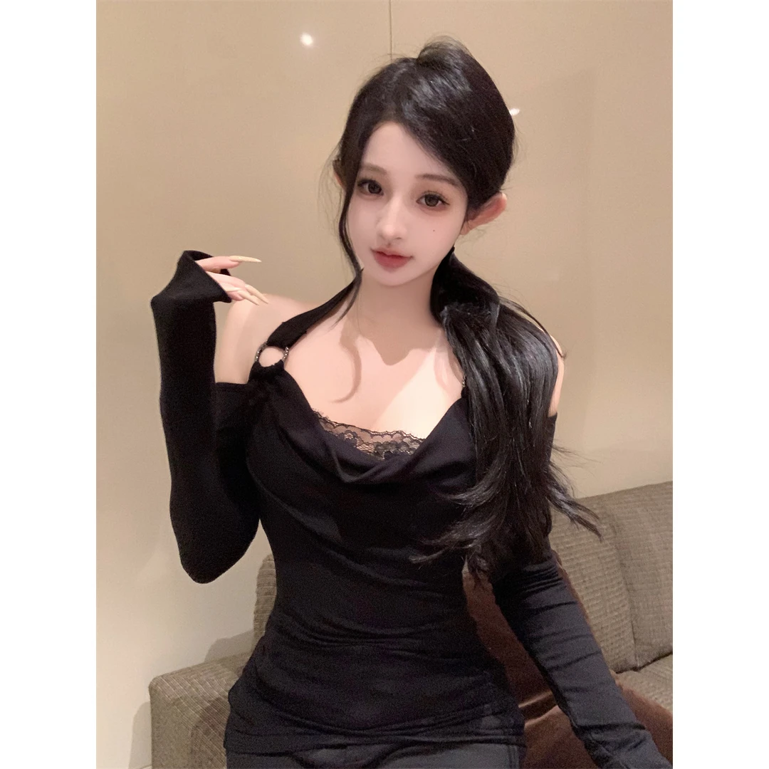 新款挂脖蕾丝荡领气质御姐感长袖打底上衣打底衫内搭性感法式修身