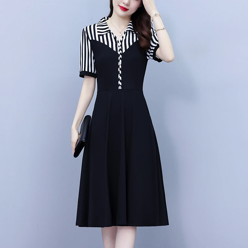 CD#2321 气质条纹假两件套大码女装胖mm修身中长款短袖夏季新款连