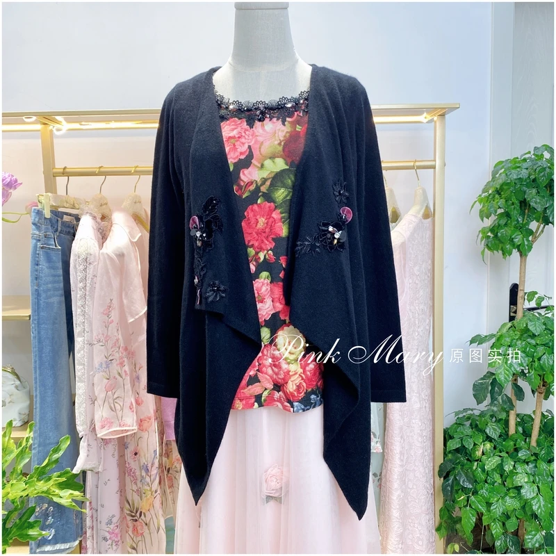 Rose Story玫瑰传说黑色长袖假两件套羊绒衫毛衣红花RSG8660788