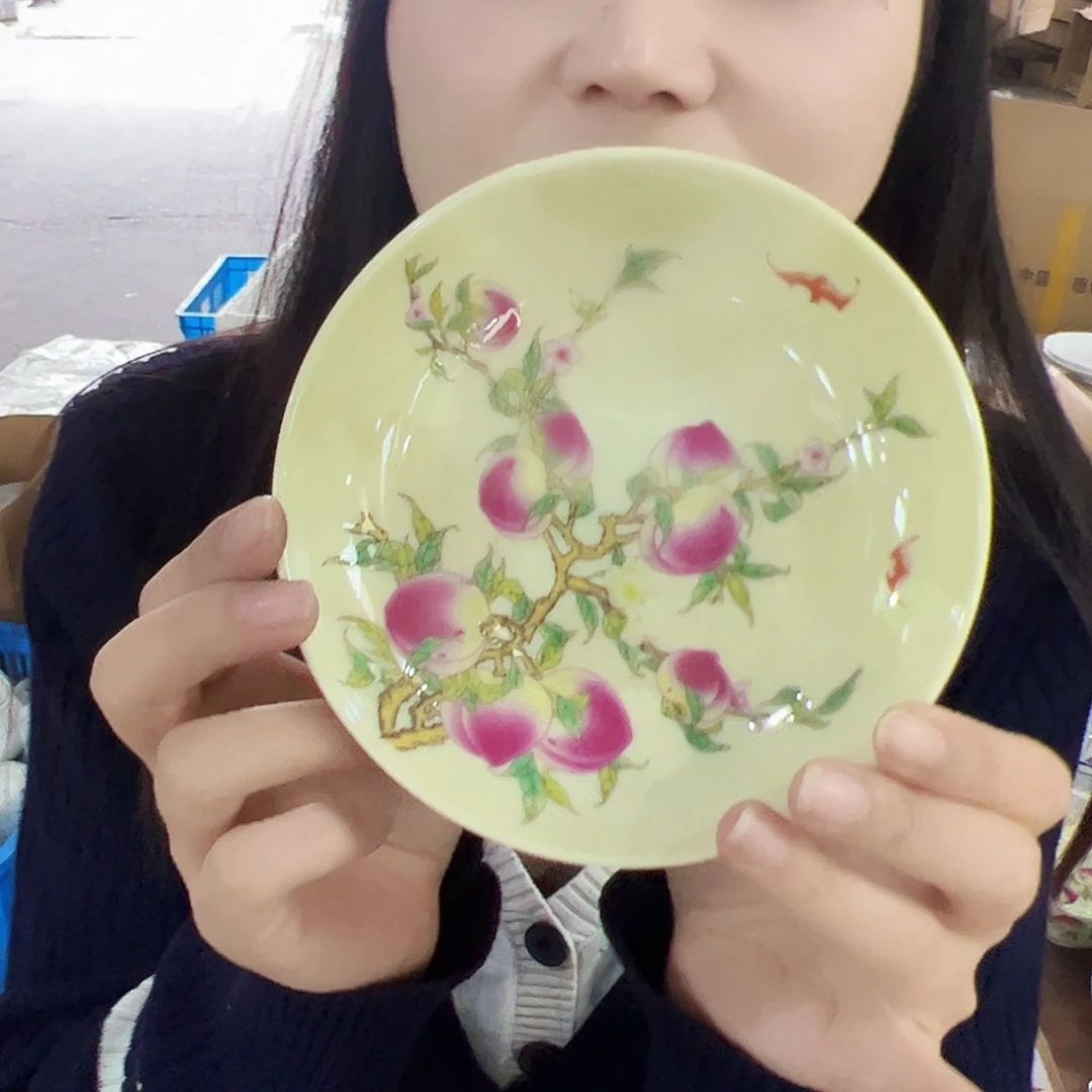 摆件景德镇黄xixi寿桃碟子