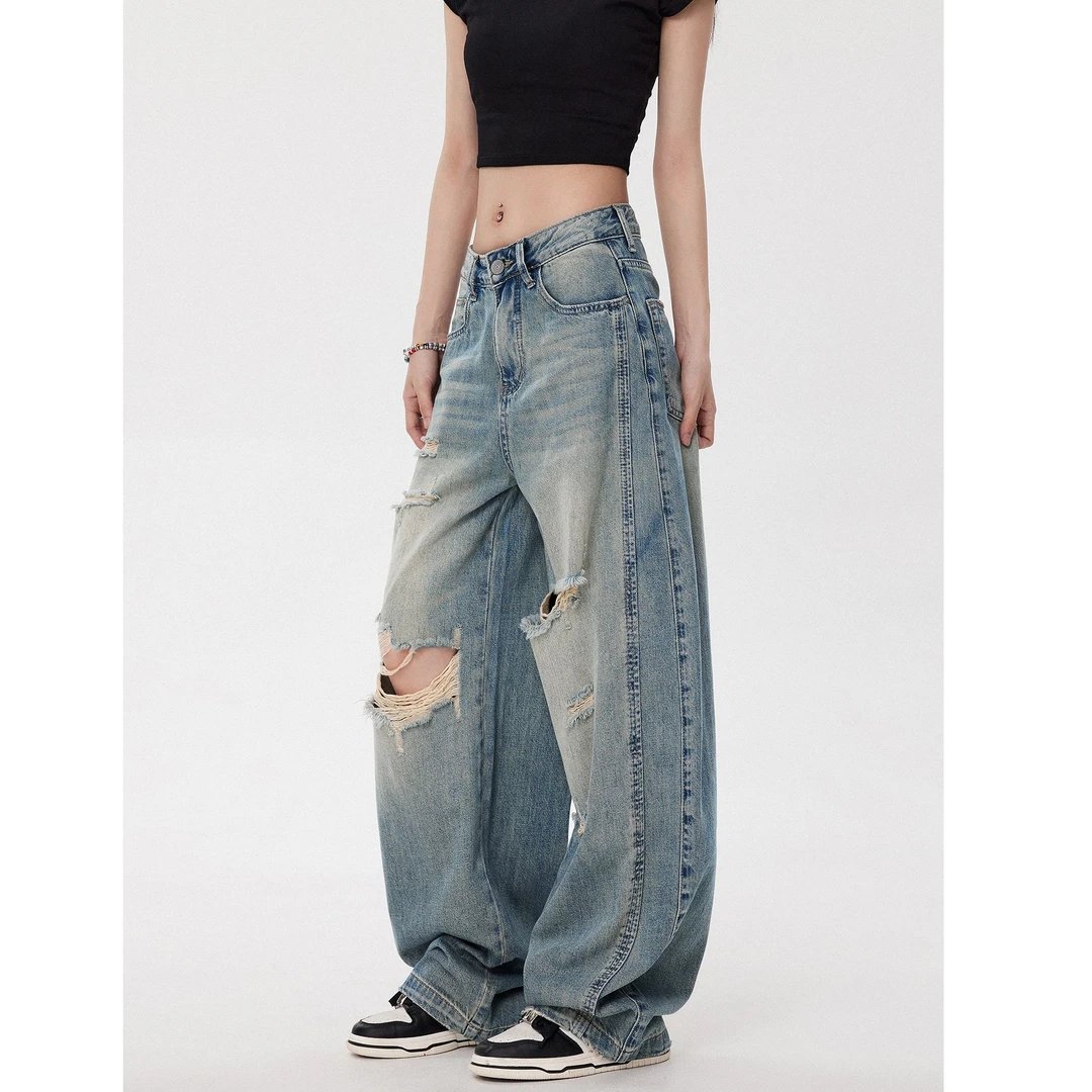 美式做旧水洗磨破设计感阔腿弯刀牛仔裤女2025夏季新款裤子1049#