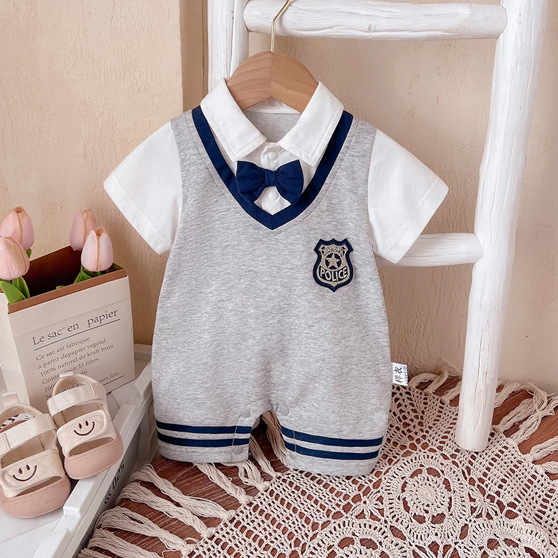 新生儿夏季连体衣男宝宝婴幼儿夏装衣服假两件学院风洋气外出服