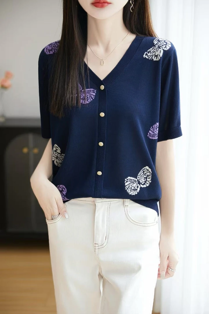 莱赛尔100蝴蝶提花2025夏季新款设计感针织打底衫薄中袖女T恤套头