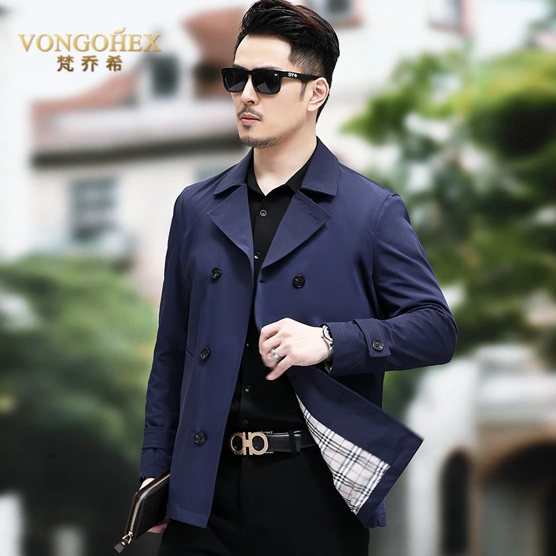 VONGOHEX双排扣风衣男士春秋季翻领透气短款商务休闲外套上衣男装
