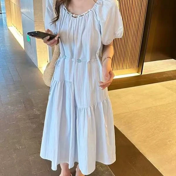 小雅姐姐  韩系简约泡泡袖捏褶气质连衣裙长裙IS59