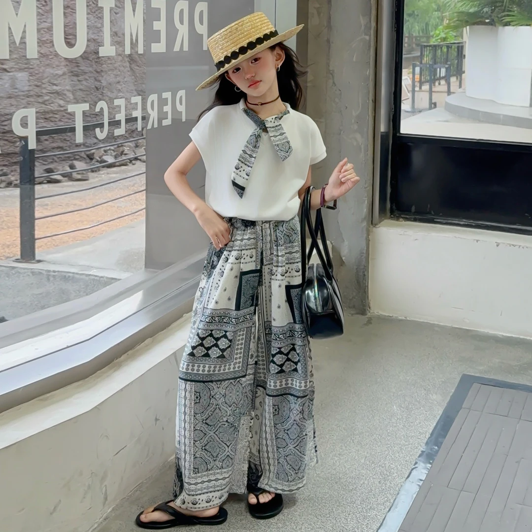 女童短袖休闲套装2025夏季新款大儿童宽松上衣碎花阔腿裤两件套薄