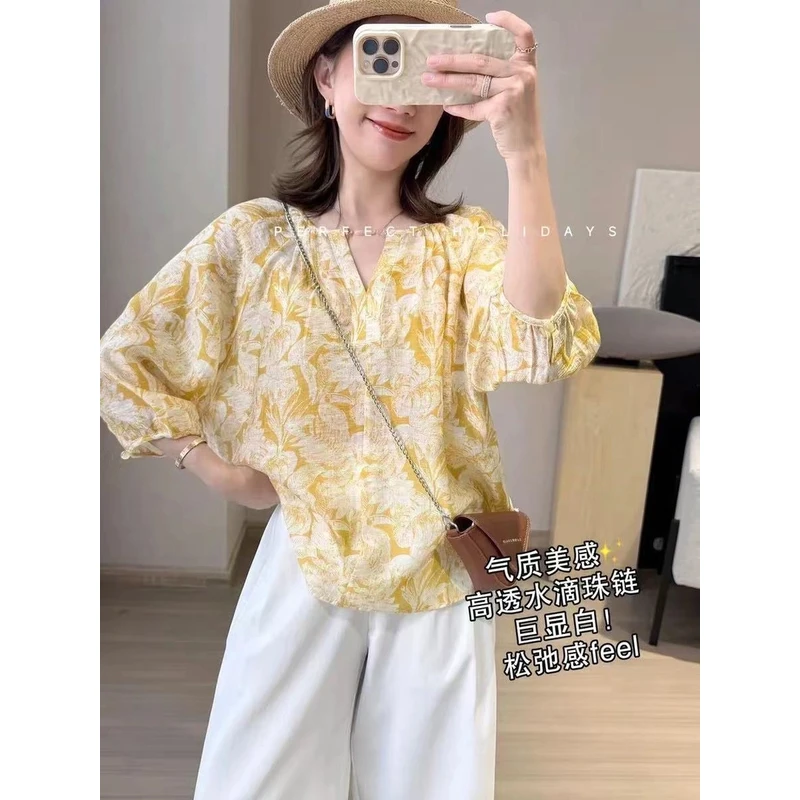 莱赛尔天丝+亚麻面料夏季显白印花小衫上衣女V领百搭衬衫L4569