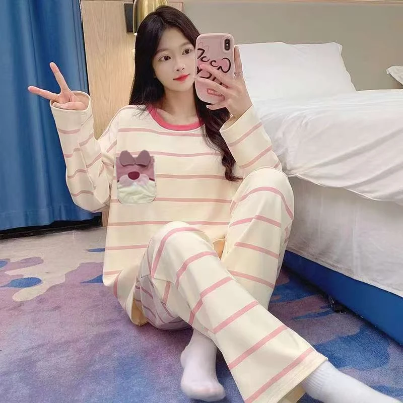 【带胸垫】睡衣女士套头休闲卡通长袖长裤家居服套装H4502