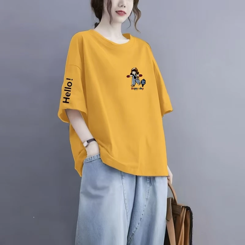 纯棉圆领短袖T恤女夏季200斤大码显瘦宽松时尚休闲洋气减龄体恤衫