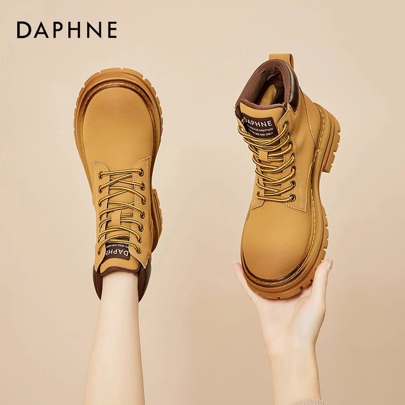 达芙妮大黄靴女款短靴秋冬2025新款加绒保暖户外登山大黄蜂马丁靴