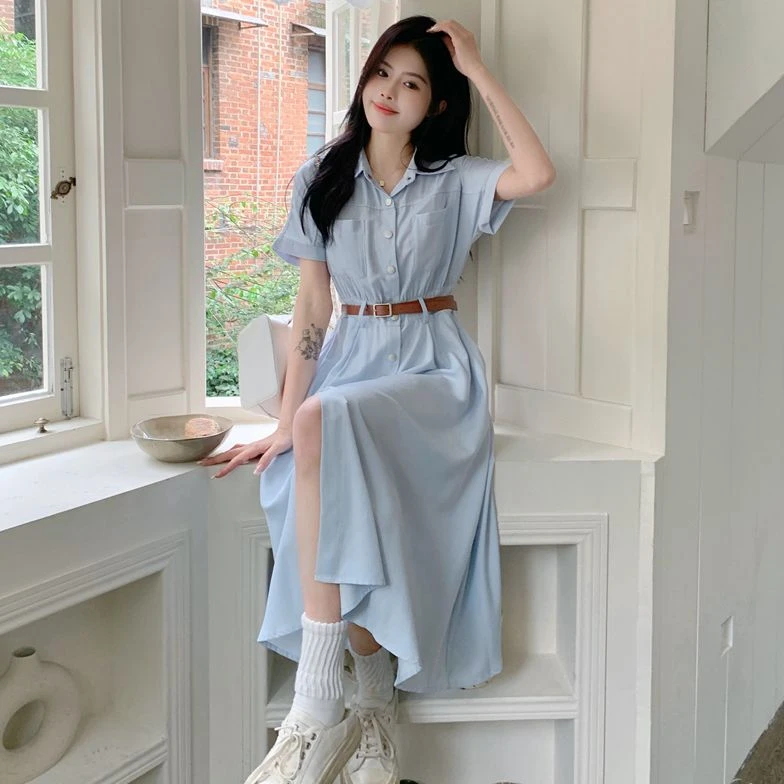 C-8055包包专属大码夏季新款显瘦通勤翻领连衣裙配腰带收腰中长裙