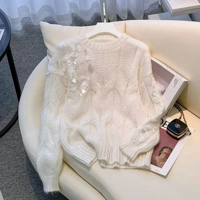 2025春秋季新款设计感钉珠亮片温柔风针织衫圆领套头纯色上衣潮