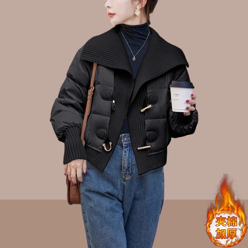 牛角扣针织拼接女士棉服2025冬季新款韩版设计感荷叶领短款棉衣女