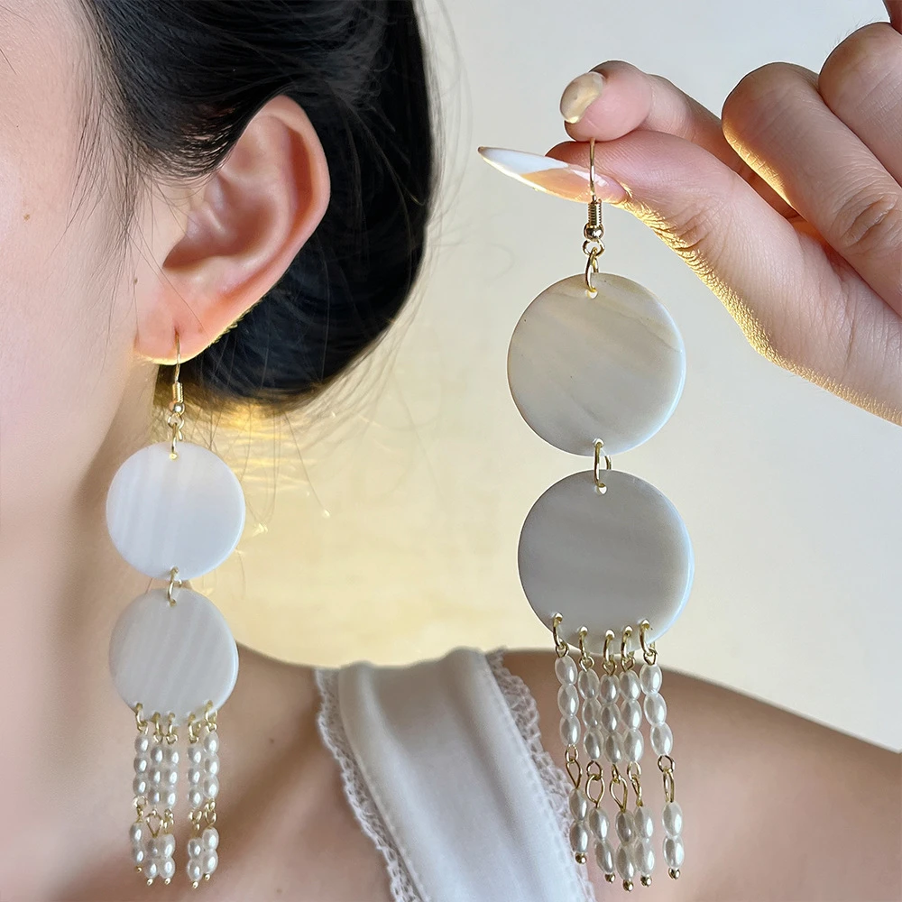 铜合金贝壳耳饰 白色贝壳串珠流苏耳环女复古高级感耳钉气质耳饰