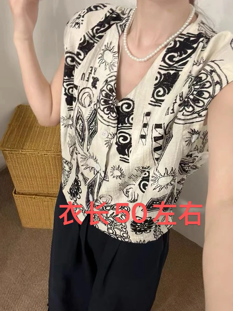 25895百搭印花短袖衬衫水墨风设计感小众显瘦宽松休闲上衣