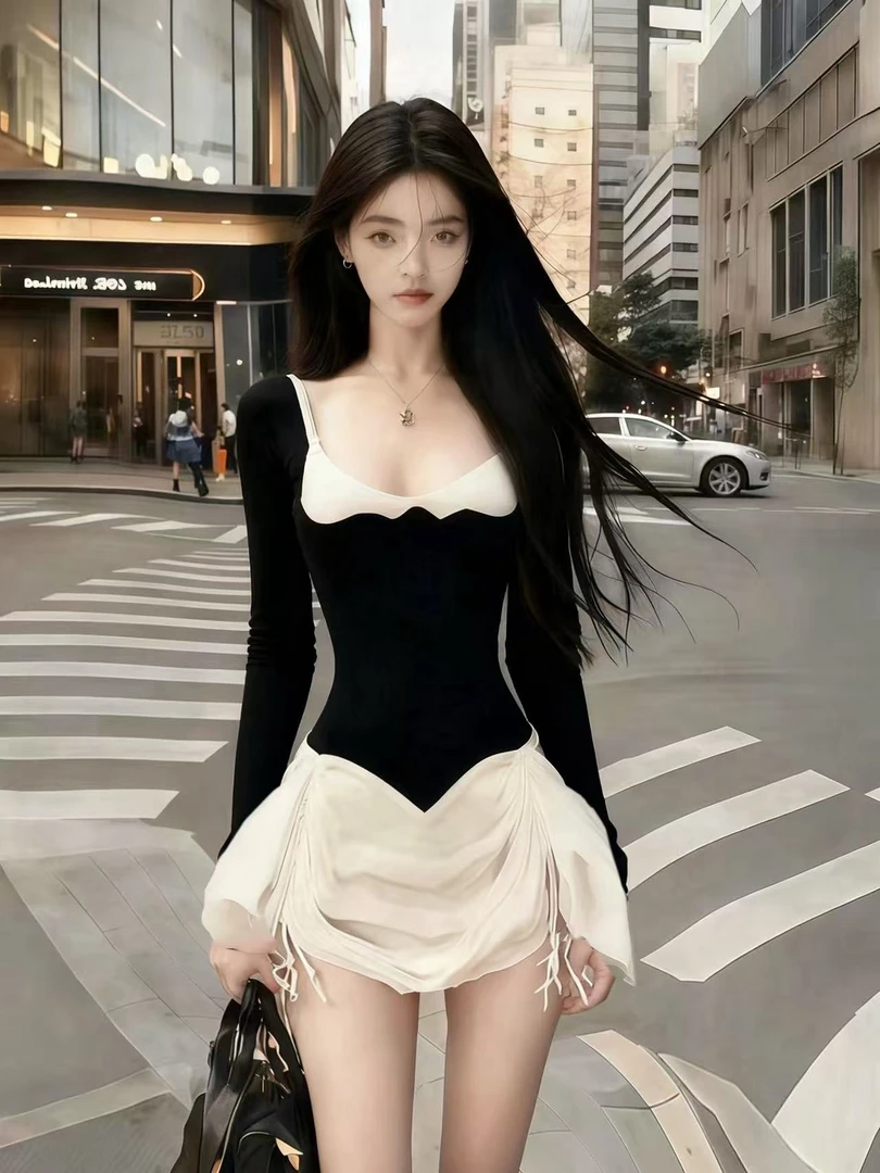 韩版气质撞色U领长袖修身收腰设计连衣裙【下裙为抽绳需自行调整】