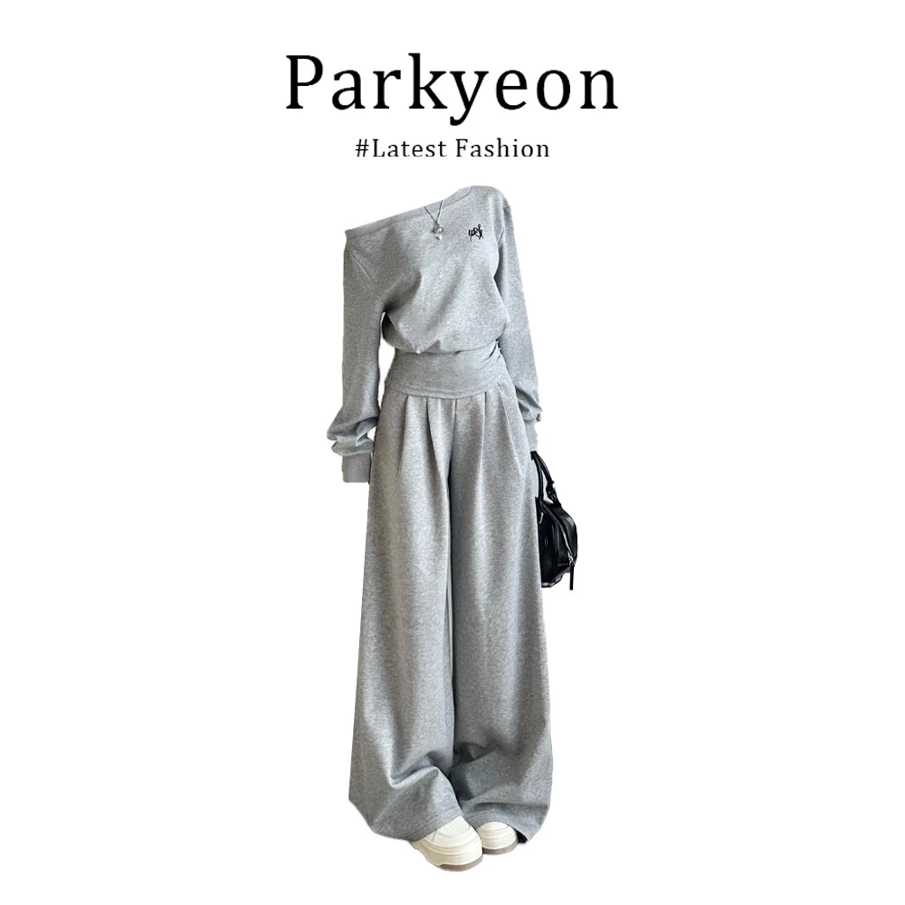 parkyeon韩系慵懒风气质斜肩针织长袖上衣时尚简约休闲裤两件套女