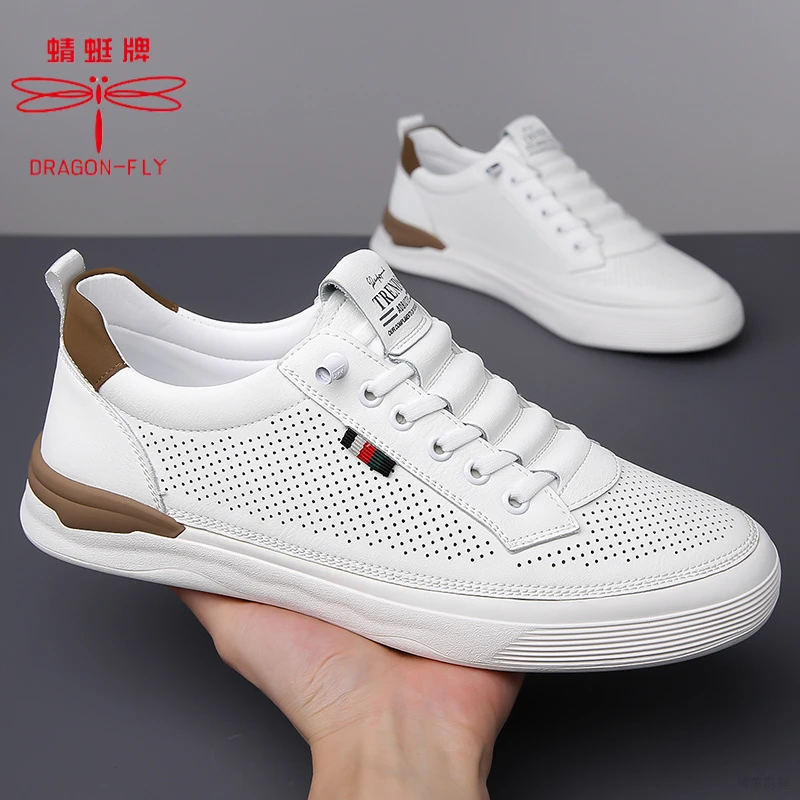 蜻蜓牌板鞋男款夏季真皮软底一脚蹬透气镂空低帮白色轻薄休闲鞋子