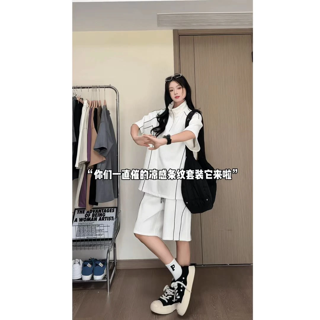 美式半拉链条纹POLO衫套装男夏日ootd穿搭一整套潮牌休闲短袖短裤