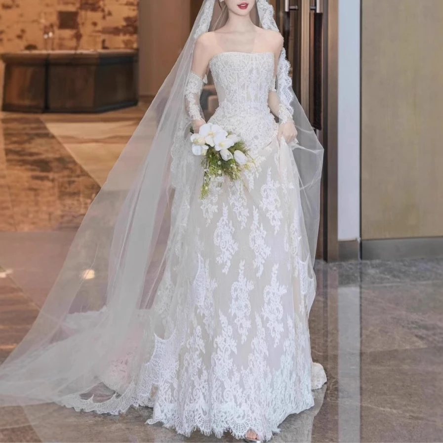 抹胸婚纱礼服2025新款法式轻简约小拖尾旅拍轻婚纱新娘主纱小个子