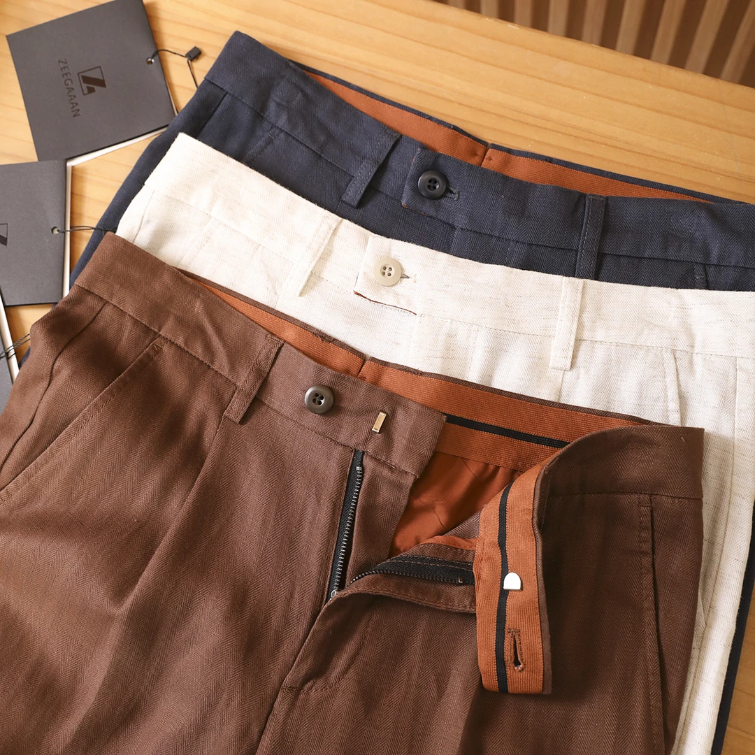 奢品级！进口天丝亚麻！人字纹提花！夏季男士松弛老钱风休闲裤