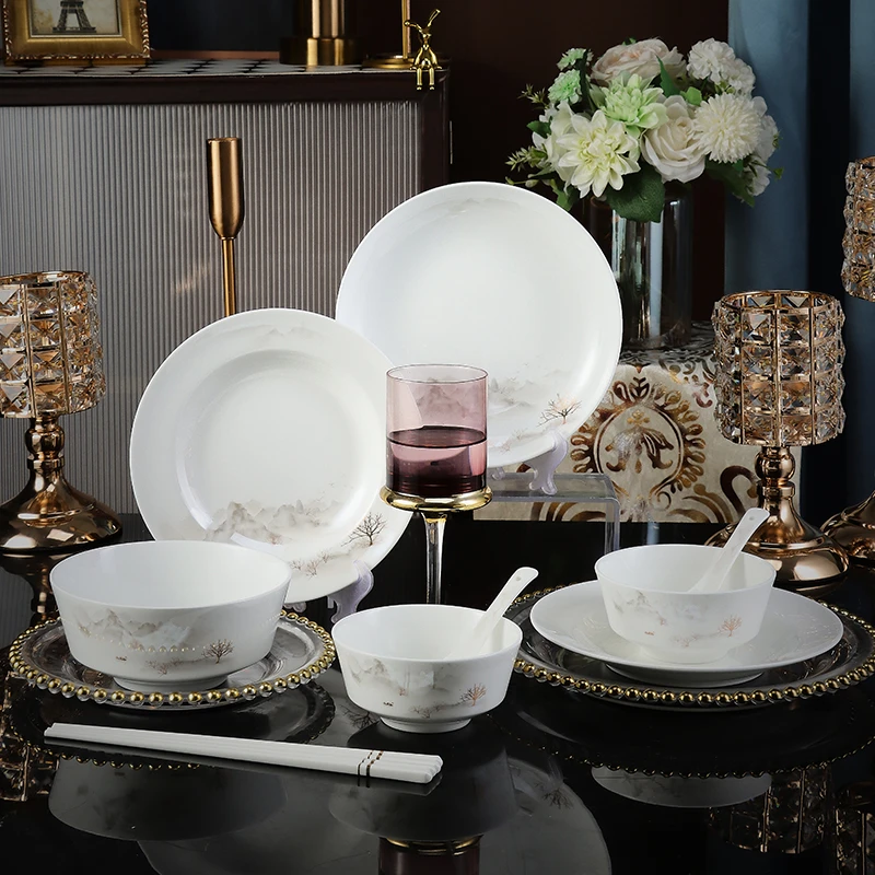 BOLOSI铂洛仕高档抗菌骨瓷4~10人新中式山水画健康碗筷餐具礼盒