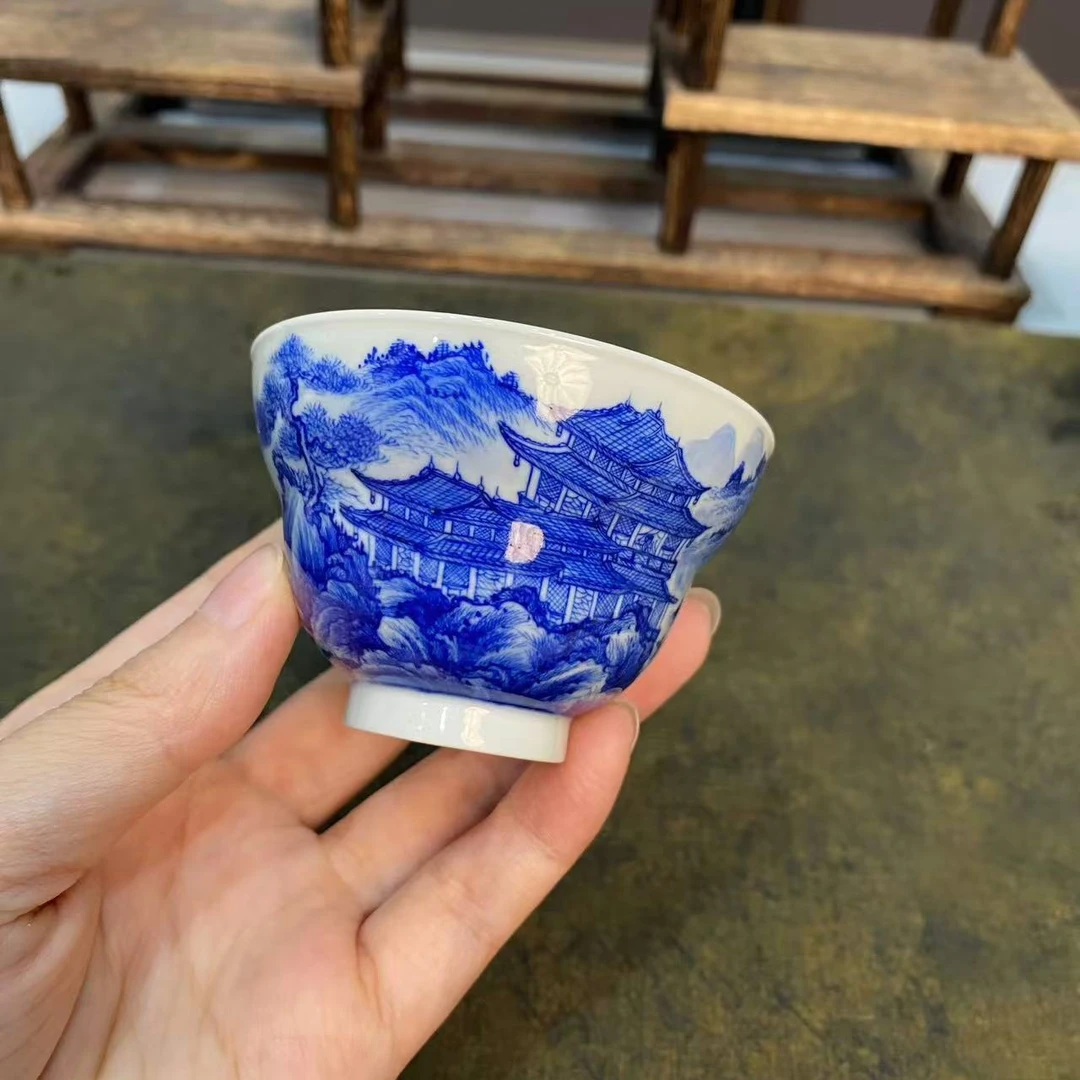 【四悦茶陶】青花山水葫芦杯  景德镇陶瓷手工手绘