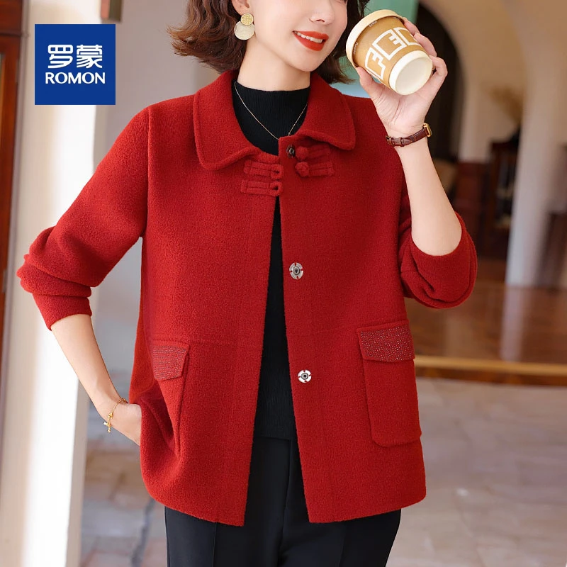 罗蒙妈妈秋装时尚毛呢子上衣新款中老年女装秋冬季高档双面呢外套