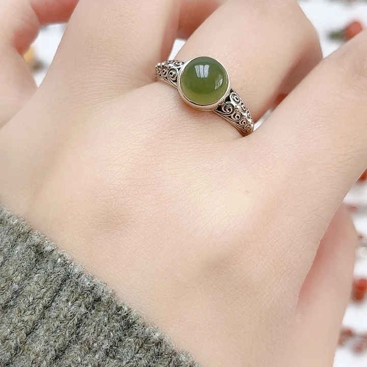 和田玉戒指银S925镶嵌天然