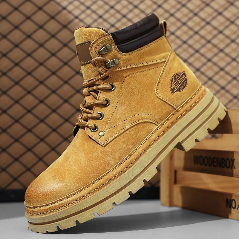 秋冬新款男士工装靴户外靴男款时尚百搭复古中帮靴子马丁靴大黄靴