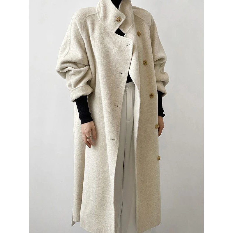 DUCURNO韩版立领毛呢外套女冬季2025新款时尚宽松系带长毛双面呢