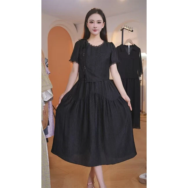 L8890   2025年夏季新款时尚气质黑色假两件宽松显瘦中长款连衣裙