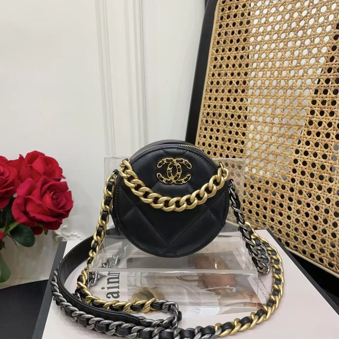 95新 Chanel/香奈儿 GGS萌萌丨19bag圆饼包黑色金扣28开/88480571