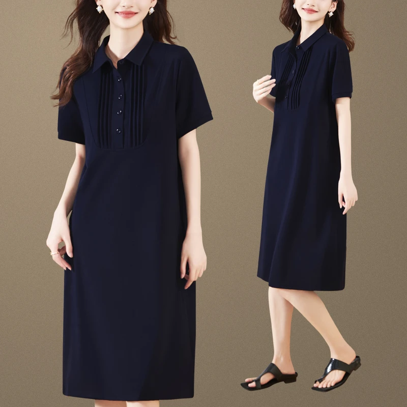 搭配显瘦袖长领口气质中年减龄夏季新款时尚宽松中长款纯色夏装长